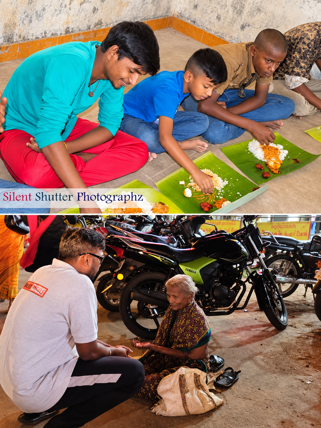 Strike The Hunger meals served on banana leaves, and a volunteer offering food to an elderly woman