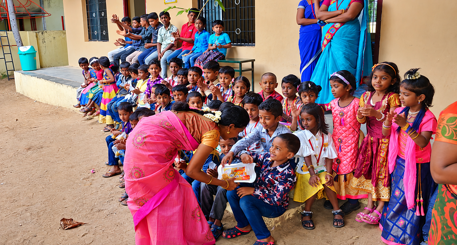 Volunteer distributing food to children at a village school during a Kalvi Kattanam Foundation programme