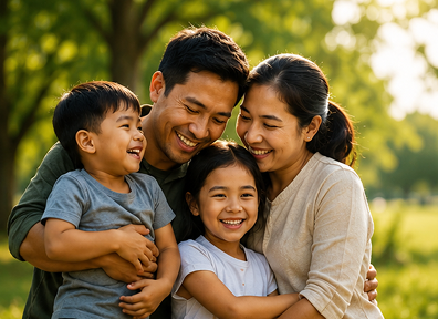 Parents and two children embracing and laughing together in a sunlit park
