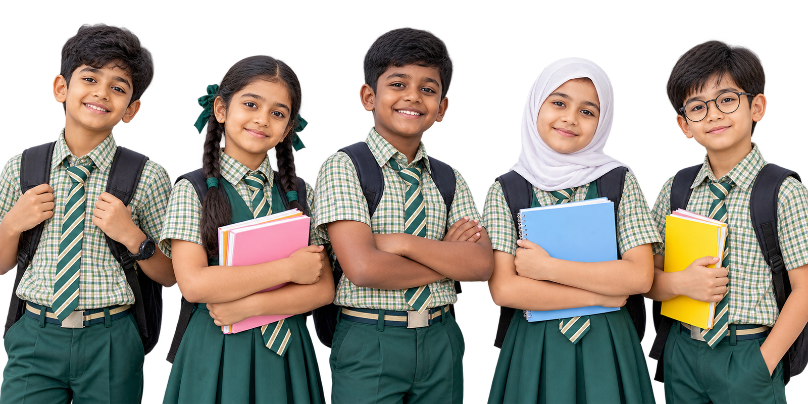 Five school students in uniform carrying books and backpacks