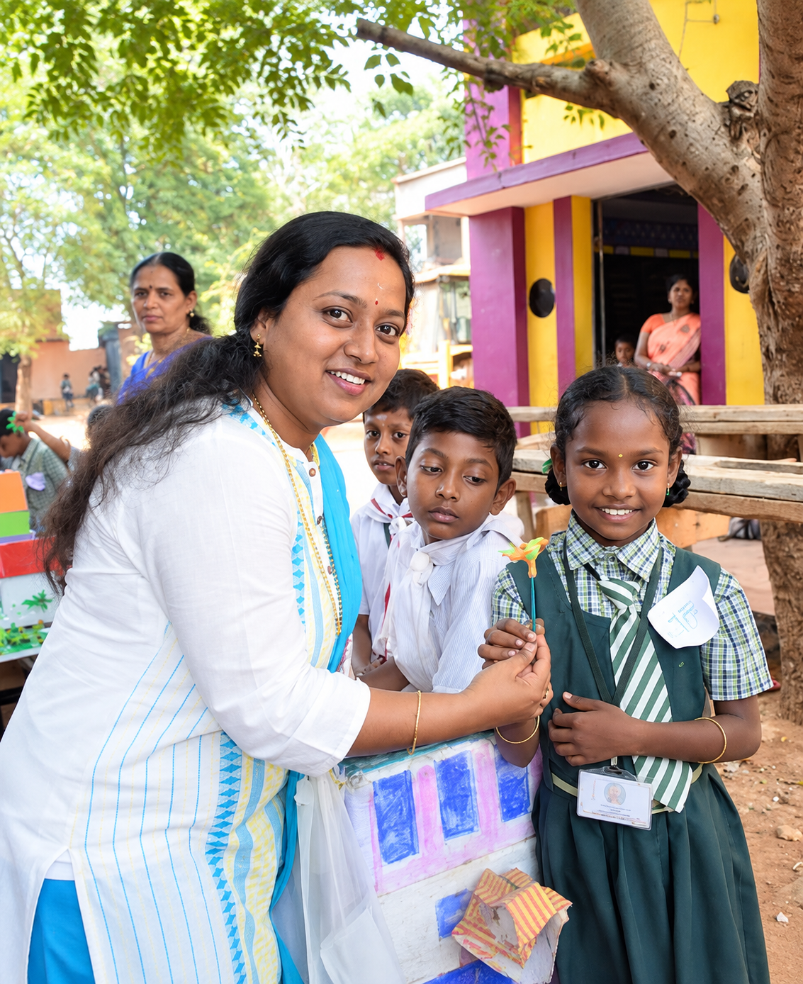 Kalvi Kattanam Foundation volunteer with primary school students holding a handmade project outside their village school