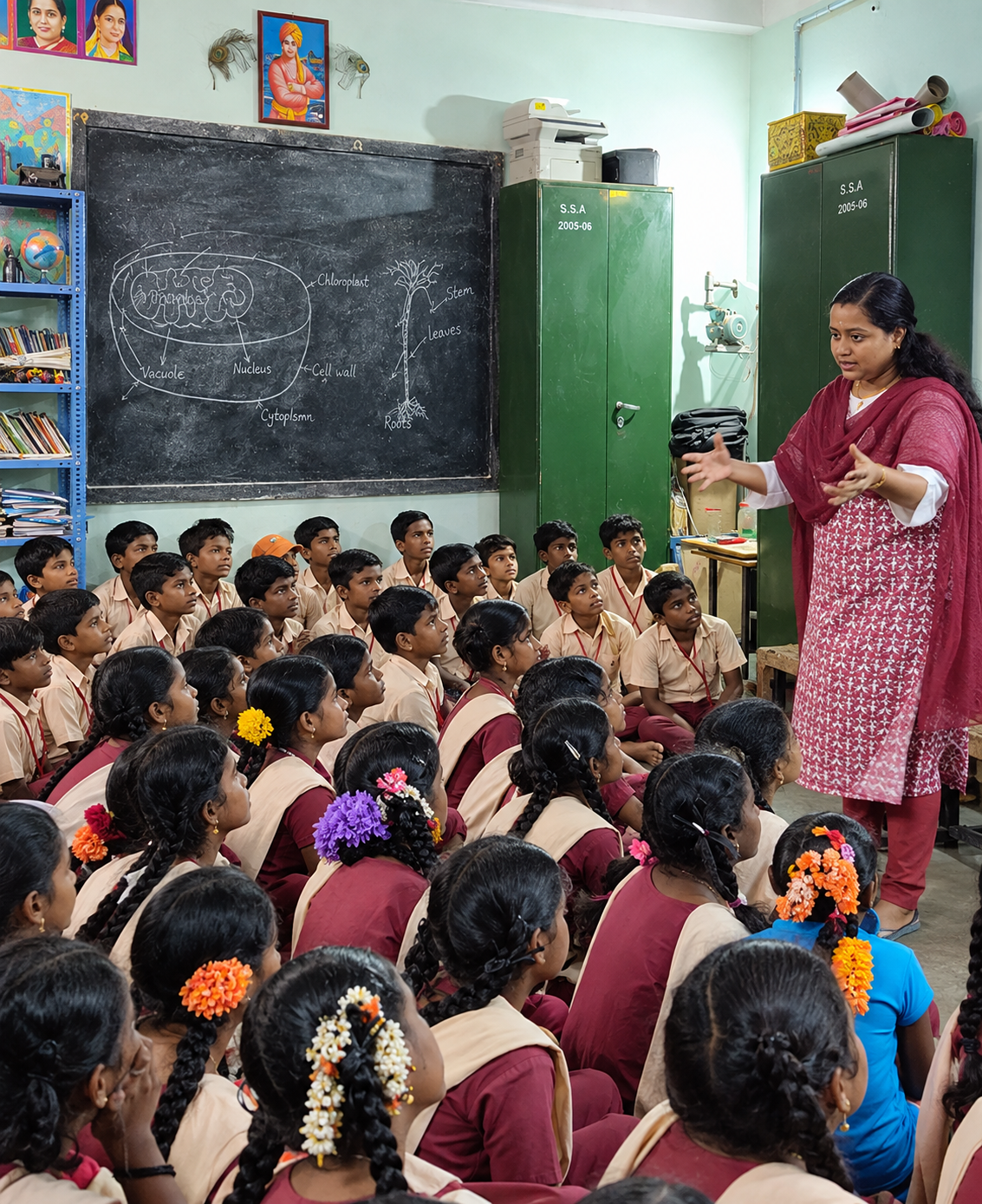 Volunteer teaching a plant cell lesson to students seated on the floor of a government school classroom in Tamil Nadu
