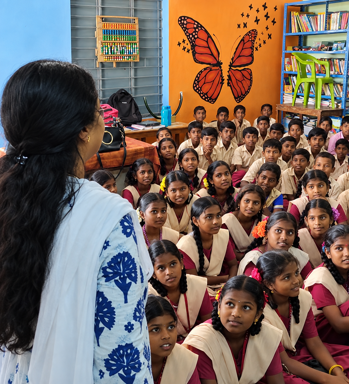 Kalvi Kattanam Foundation volunteer talking to government school students about education support