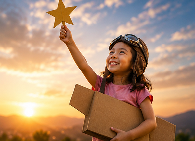 A child in a cardboard-wing costume reaching up towards a paper star at sunset