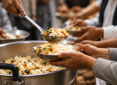 Rice and vegetables being served from a large pot into bowls held out by waiting hands