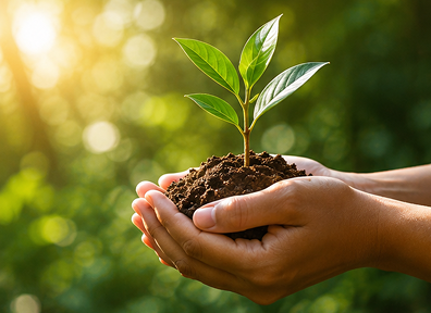 A pair of hands cradling soil with a young green seedling growing from it